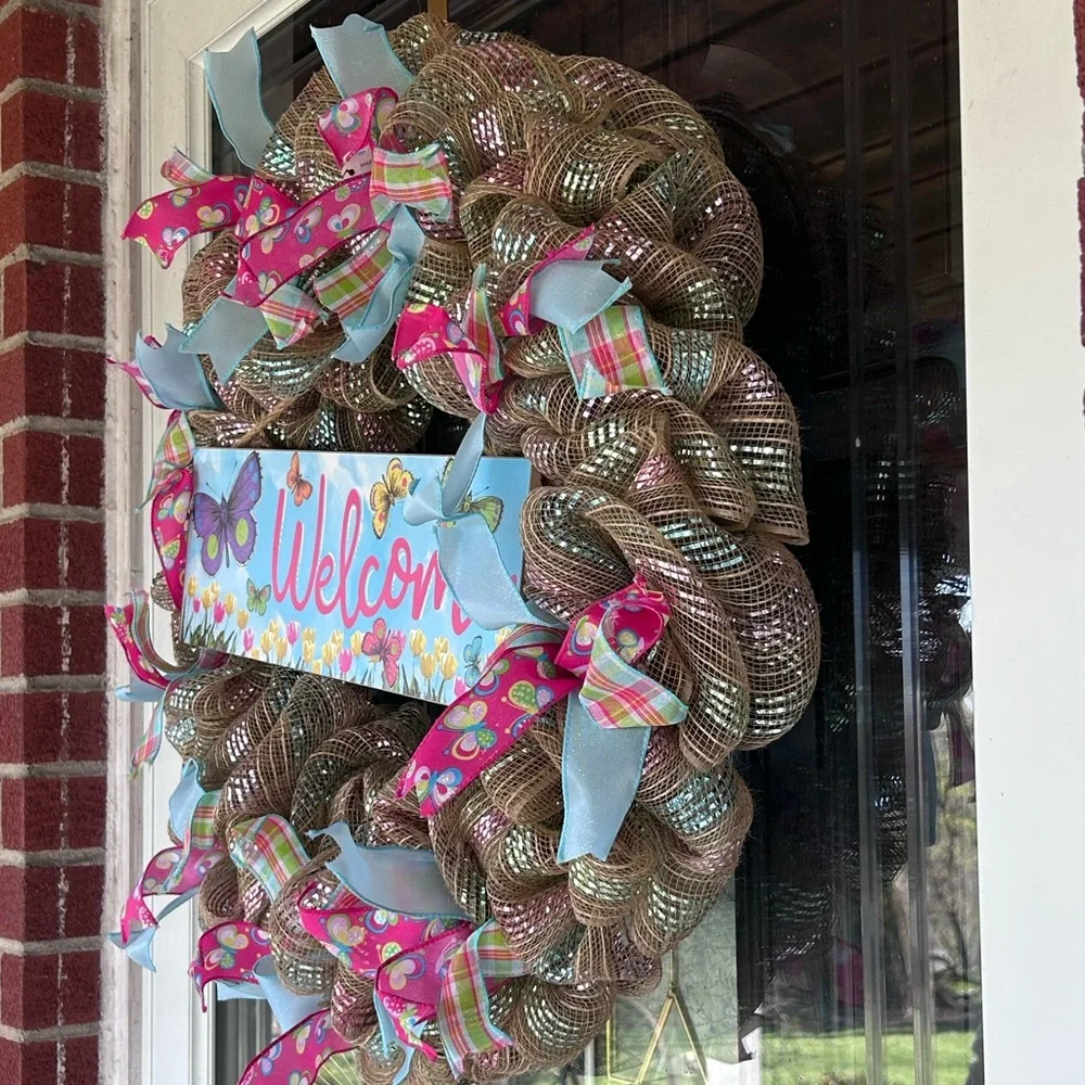 Welcome Butterfly Spring Ribbons Wreath Handmade